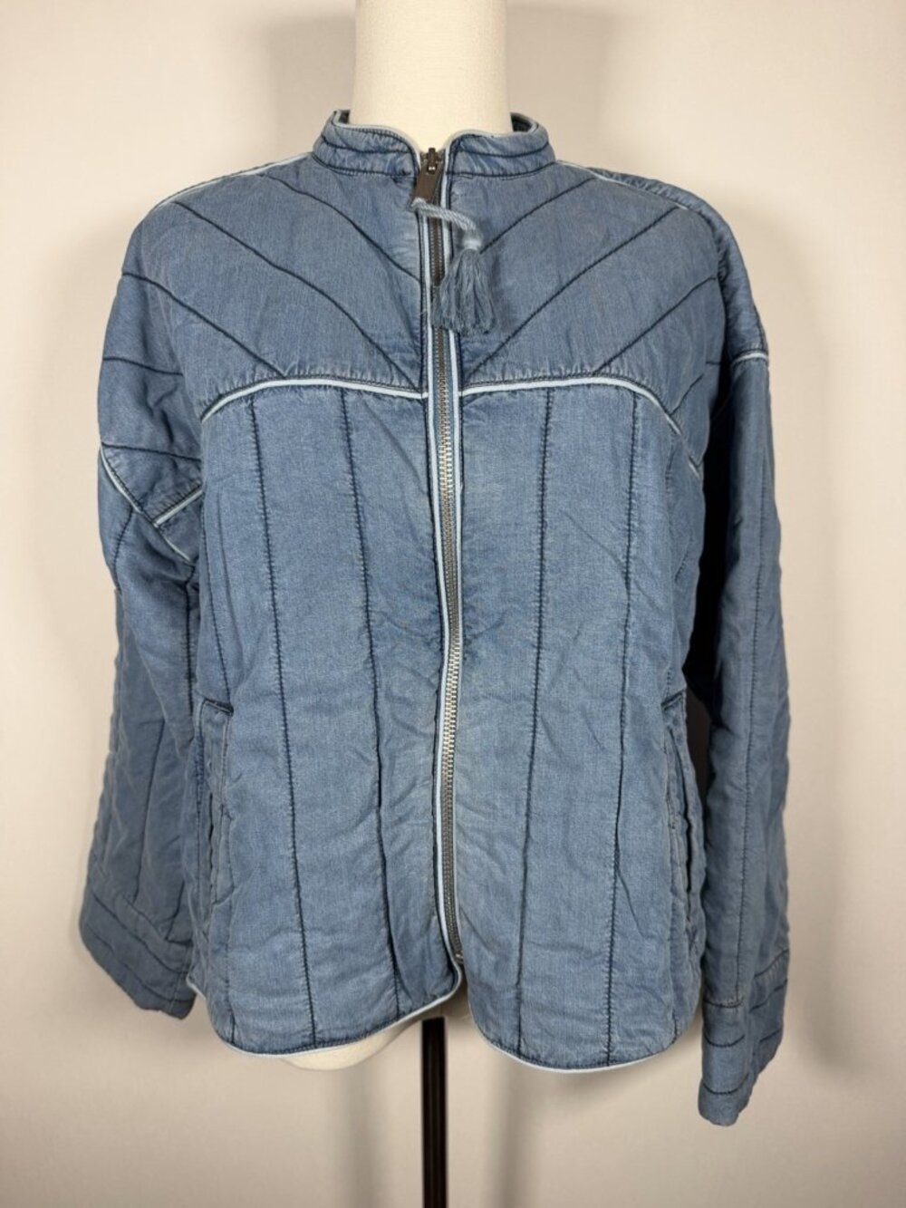 GAP quilted denim chambray full zip chevron jacket mandarin collar indie M